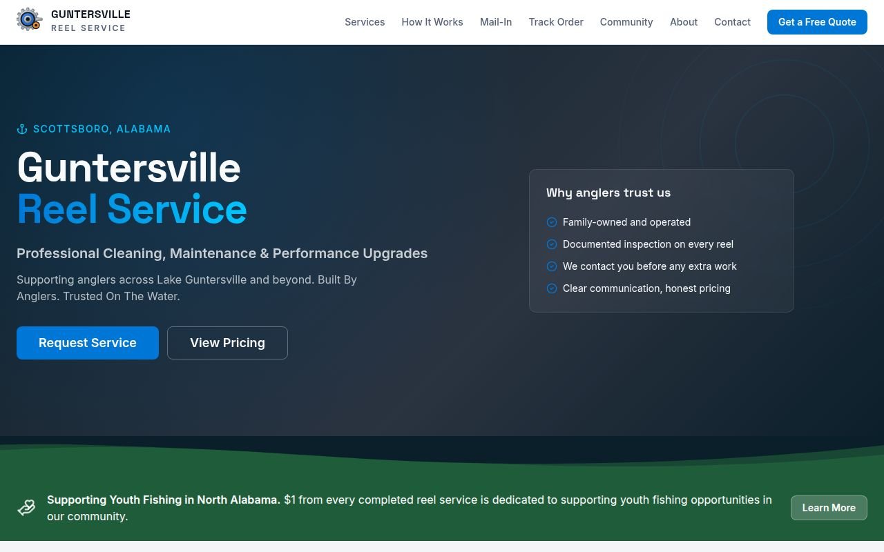 Guntersville Reel Service homepage — professional reel cleaning, maintenance and performance upgrades, with request-service and track-order actions