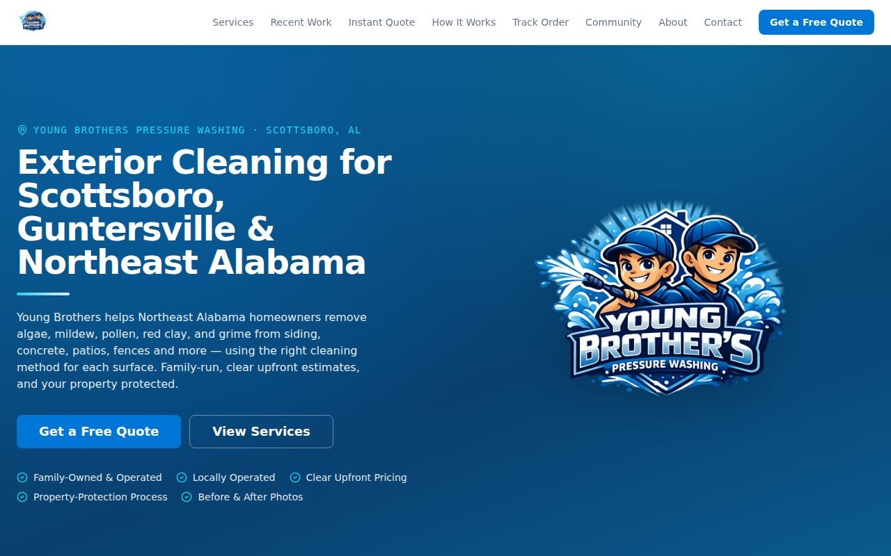 Young Brothers Pressure Washing homepage — exterior cleaning for Scottsboro, Guntersville & Northeast Alabama, with instant quote and free-quote buttons